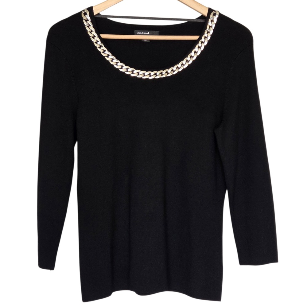 Think Tank Black 3/4 Sleeve Knit Top Medium Chain Neckline Minimal Old‎ Money